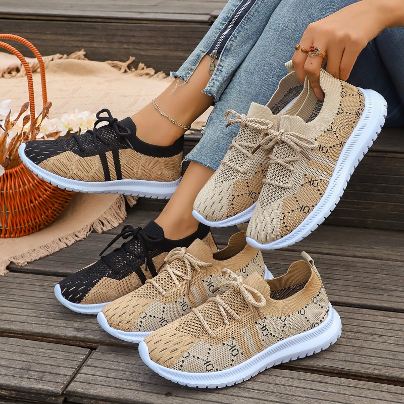Knit Fabric Lace Up Sneakers - Nouvelles baskets rondes à lacets pour
